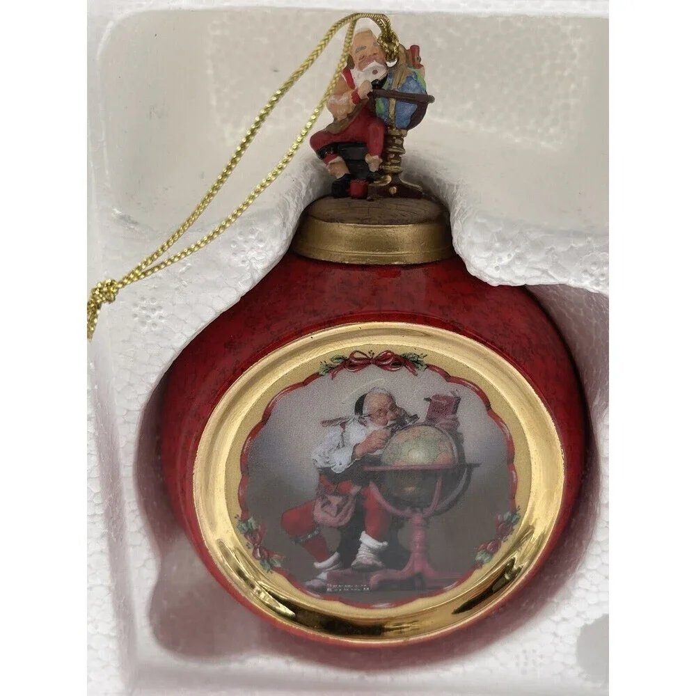 2 Norman Rockwell Santa Consulting Globe/ Santa’s Christmas List  Ornaments 1998